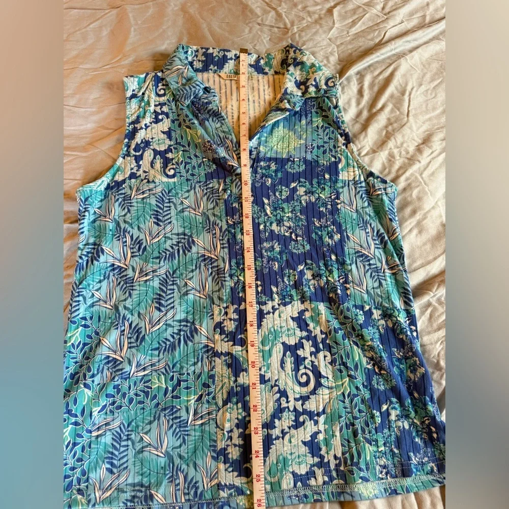 Cathy Daniels Blue & Teal Floral Patchwork Collared Sleeveless Top - Picture 11 of 12